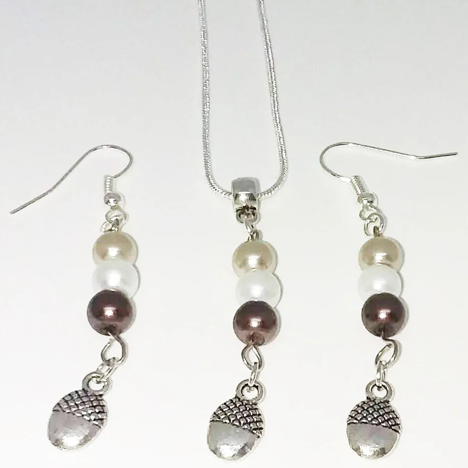 Handmade Glass Beaded Metal Charm Pendants with Silver Plated Earrings and Snake Chain Necklace Jewelry Set Beige Brown Ivory Smooth Bail Acorn