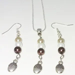 Handmade Glass Beaded Metal Charm Pendants with Silver Plated Earrings and Snake Chain Necklace Jewelry Set Beige Brown Ivory Smooth Bail Acorn