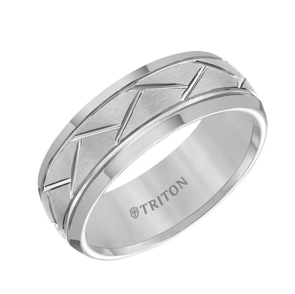 HARLAND Domed Tungsten Comfort Fit Ring Brushed Finish Diagonal Cuts and Dual Grooves by Triton Rings - 8 mm