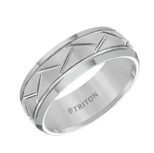 HARLAND Domed Tungsten Comfort Fit Ring Brushed Finish Diagonal Cuts and Dual Grooves by Triton Rings - 8 mm