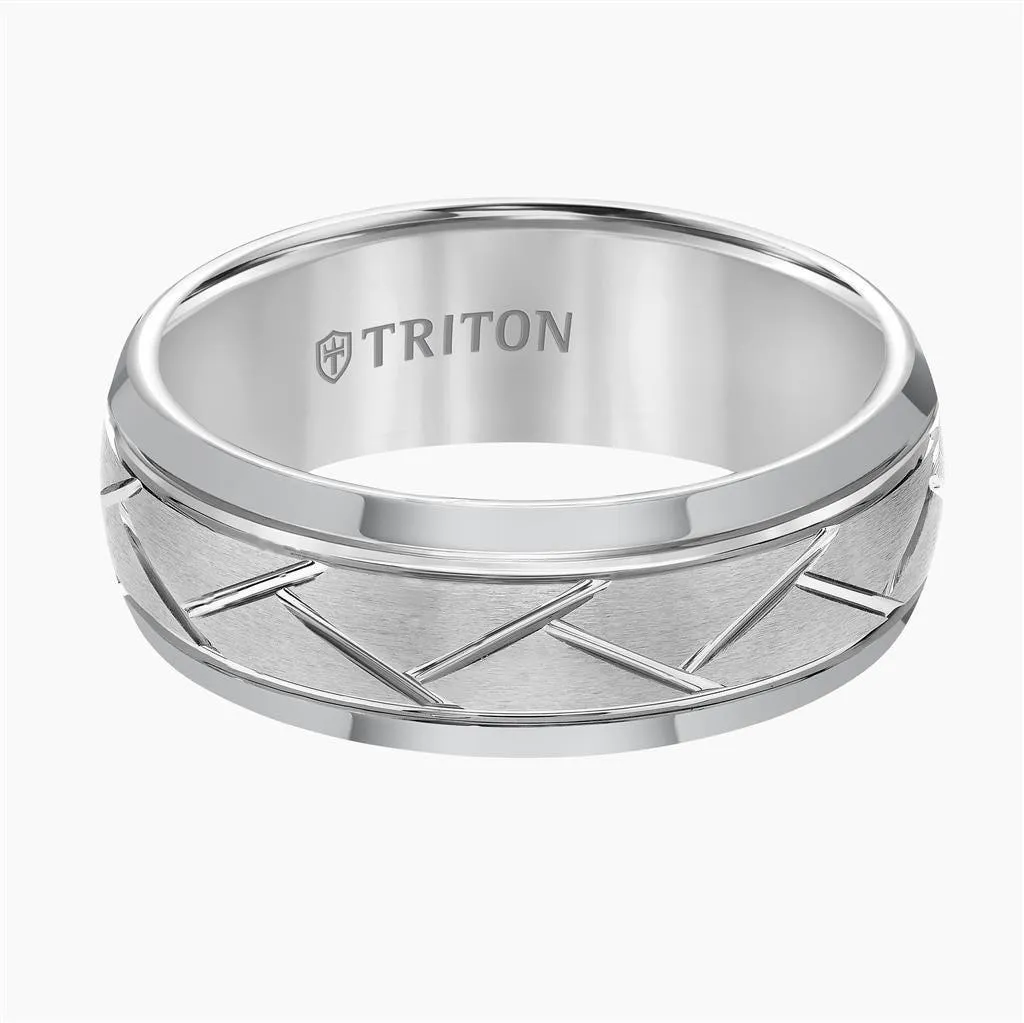 HARLAND Domed Tungsten Comfort Fit Ring Brushed Finish Diagonal Cuts and Dual Grooves by Triton Rings - 8 mm