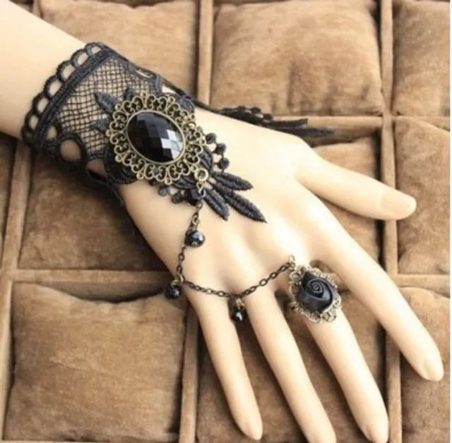 High Quality Black Lace Bracelet Finger Hand Chain Harness Women Bracelet Metal Crystal Charm Steampunk Lady Vintage Jewelry