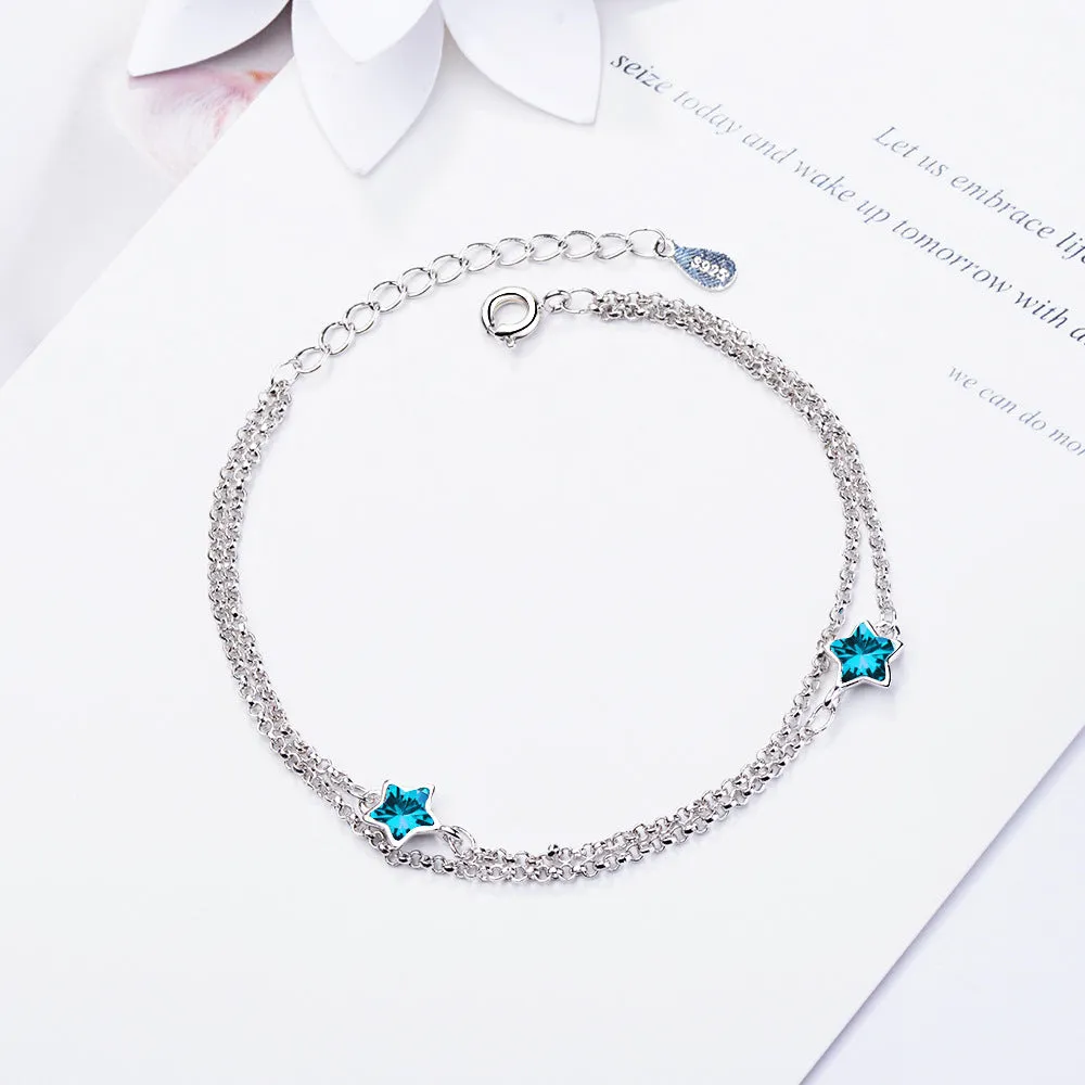 Japanese And Korean Style,  Simple Blue Sweet Artificial Crystal Five-pointed Star Bracelet