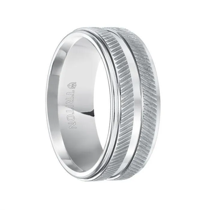 LANDRY White Tungsten Carbide Comfort Fit Wedding Band with Dual Raised Diagonal Coin Edge Texture and Polished Step Edges by Triton Rings - 9 mm