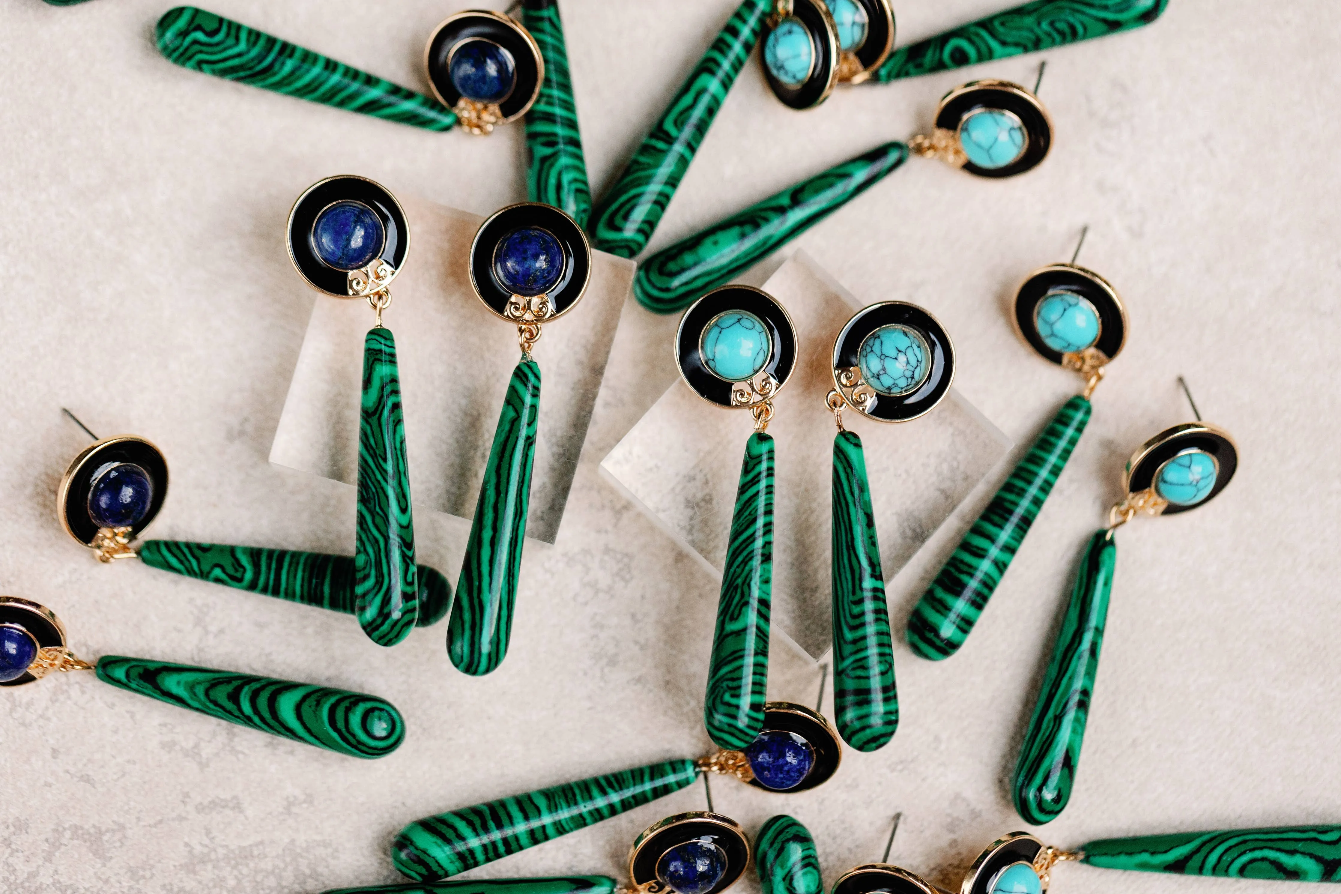 Lapis and Malachite Drop Earrings