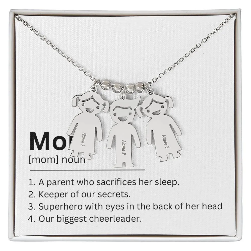 Mom Definition, A Parent Who Sacrifices Her Sleep Custom Engraved Kid Charm Necklace