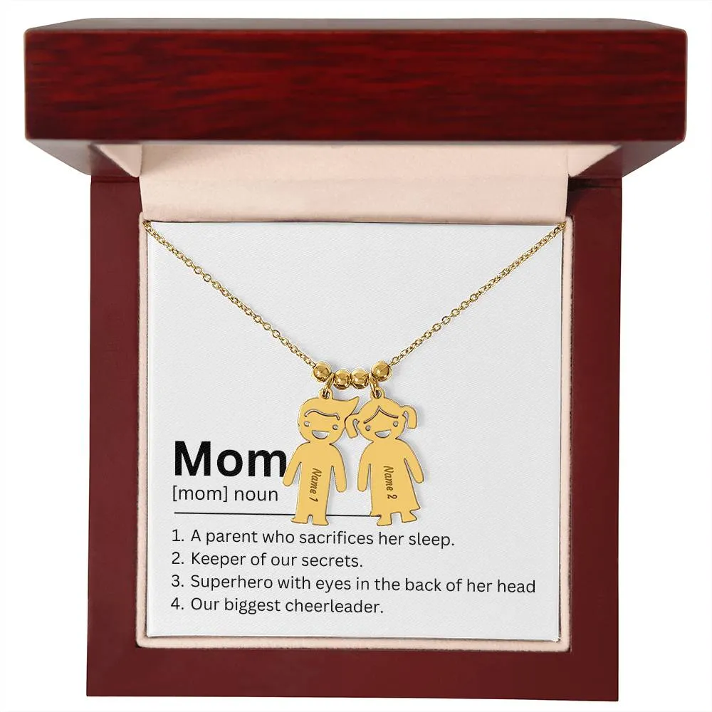 Mom Definition, A Parent Who Sacrifices Her Sleep Custom Engraved Kid Charm Necklace