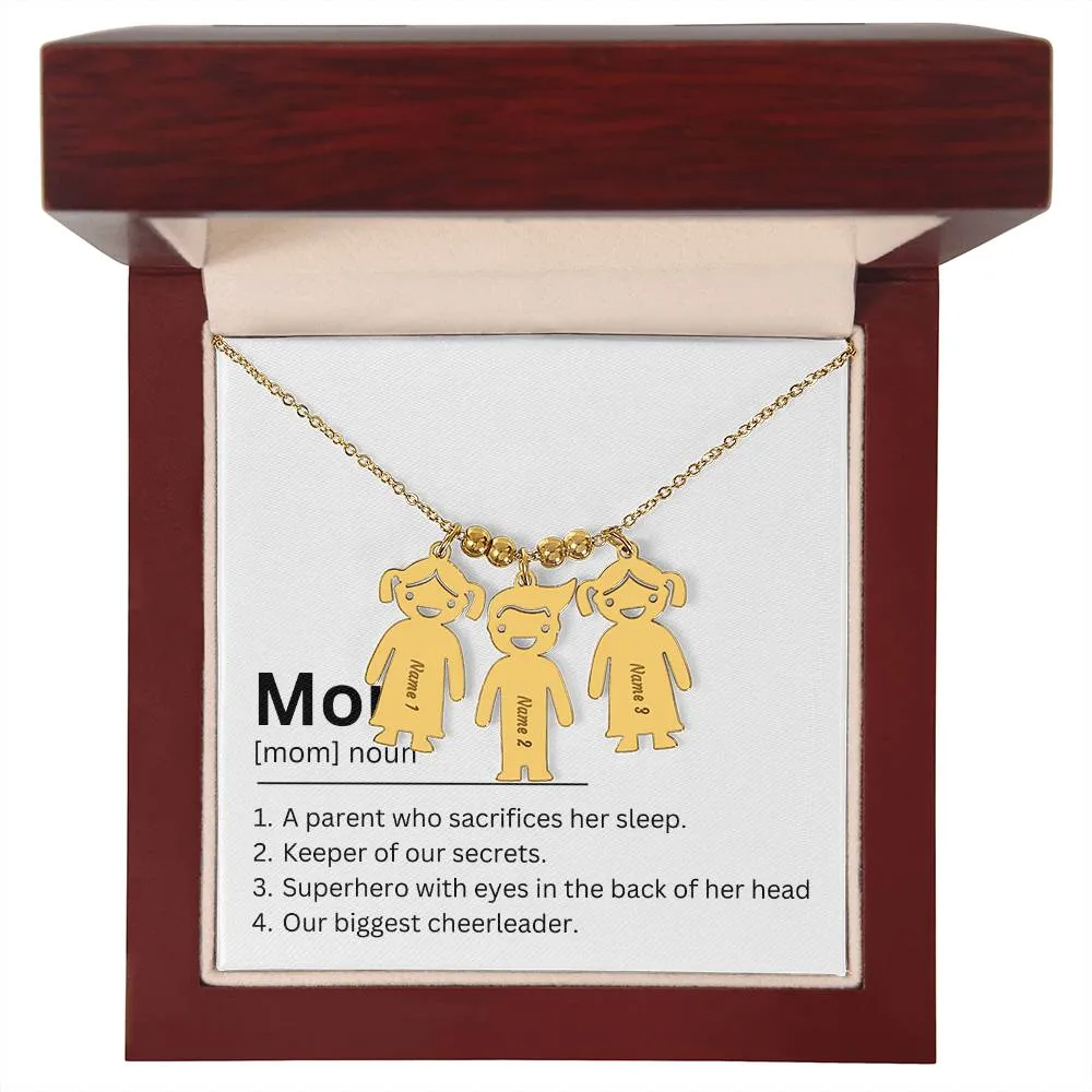 Mom Definition, A Parent Who Sacrifices Her Sleep Custom Engraved Kid Charm Necklace