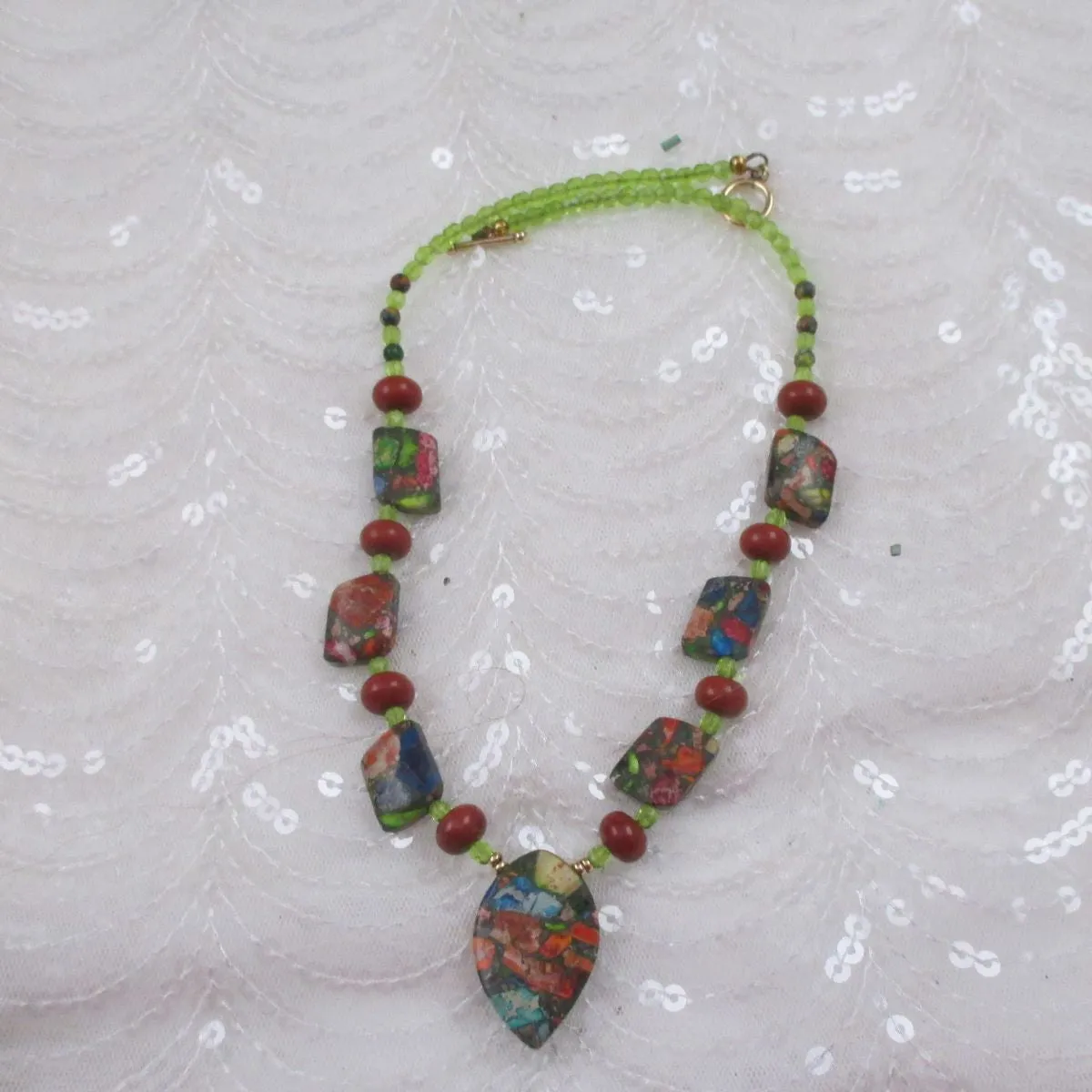 Multi Gemstone Jasper and Peridot Pendant Necklace