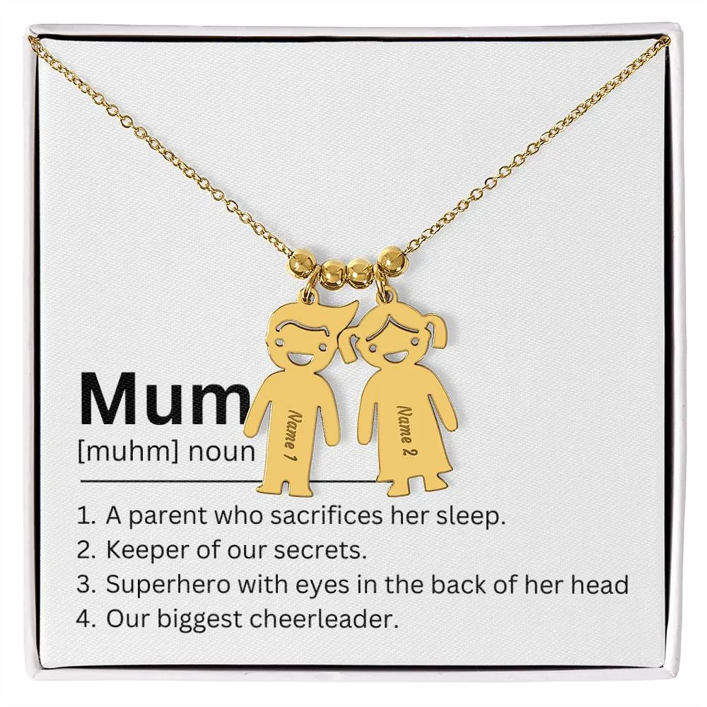 Mum Definition, A Parent Who Sacrifices Her Sleep Custom Engraved Kid Charm Necklace