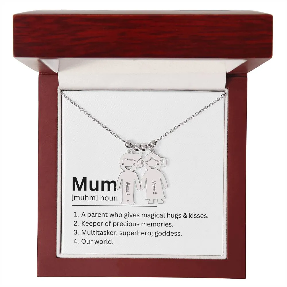 Mum Definition, Magical Hugs And Kisses Custom Engraved Kid Charm Necklace