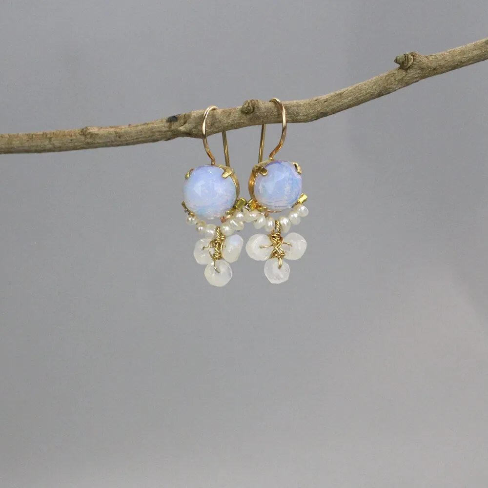 Opalite Pearl Moonstone Clover Earrings