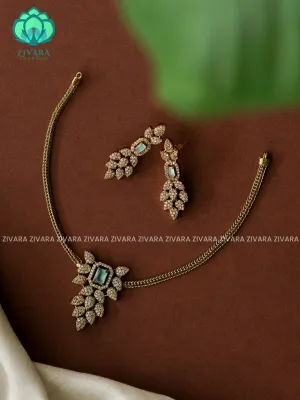 PASTEL GREEN Flexible chain LEAF pendant -Traditional south indian premium neckwear with earrings- Zivara Fashion- latest jewellery design.