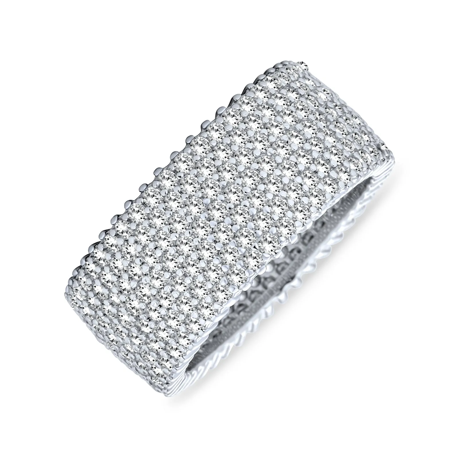 Pave Cubic Zirconia Cocktail Statement Ring in Sterling Silver 5 Row Wide Band