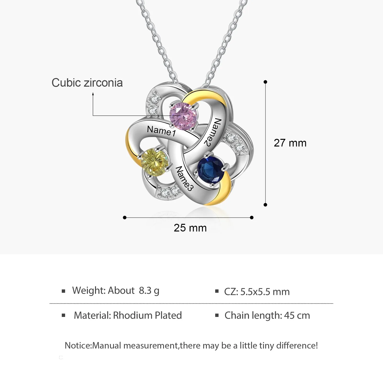 Personalized 3 Names Necklace Birthstone Engraved Flower Pendants