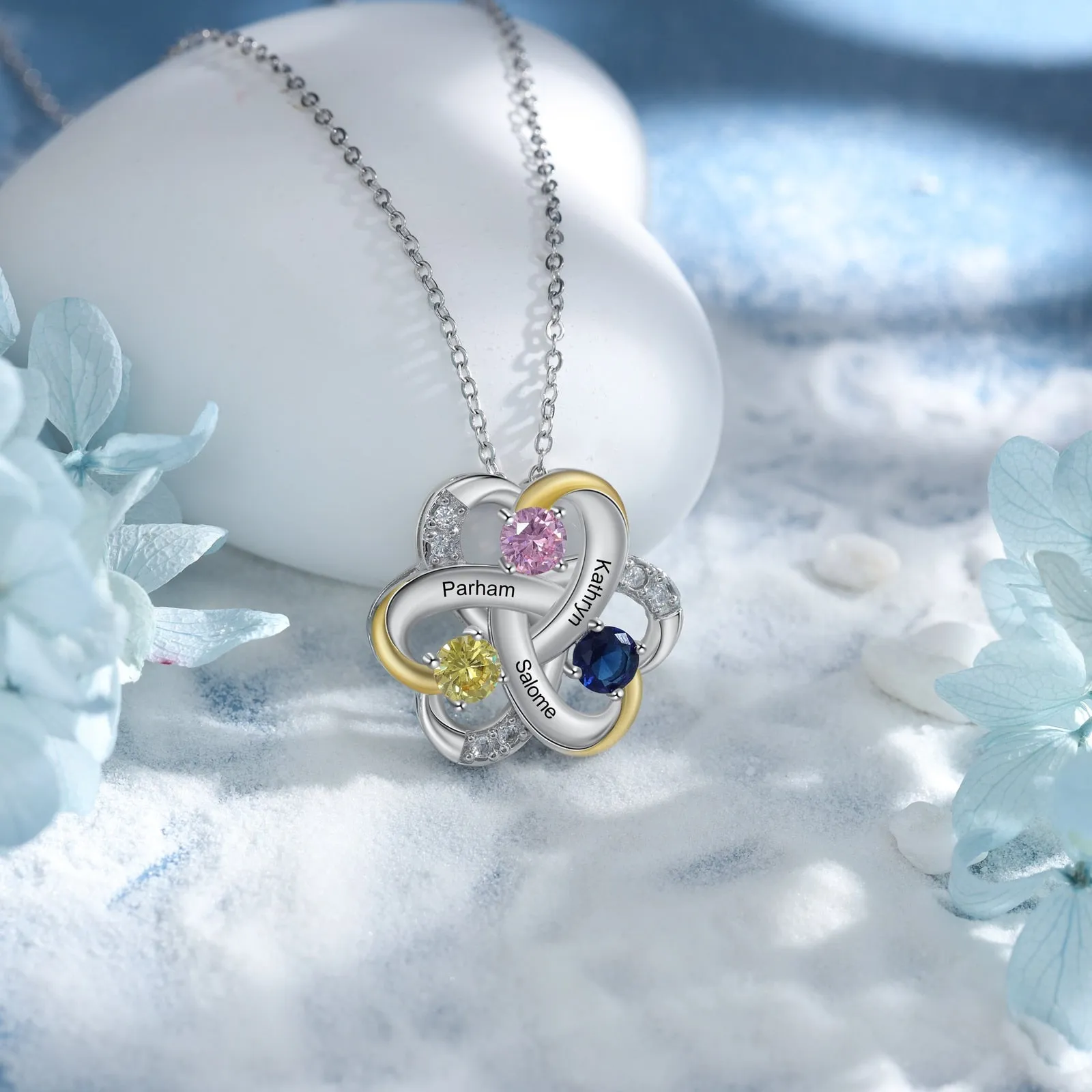 Personalized 3 Names Necklace Birthstone Engraved Flower Pendants