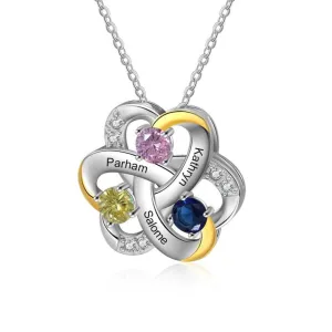 Personalized 3 Names Necklace Birthstone Engraved Flower Pendants