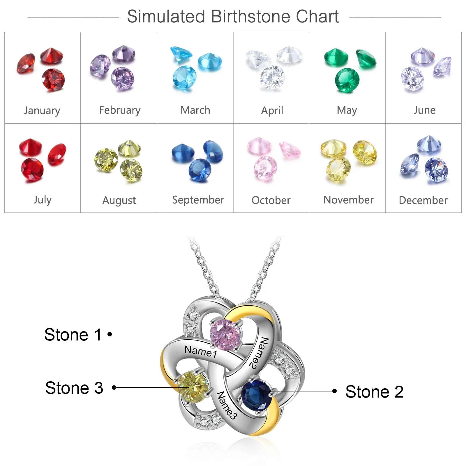 Personalized 3 Names Necklace Birthstone Engraved Flower Pendants