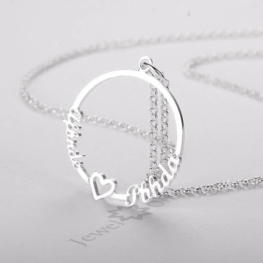 Personalized Custom 2 Names Necklace for Women 925 Sterling Silver Circle Necklace with Heart Fine Jewelry