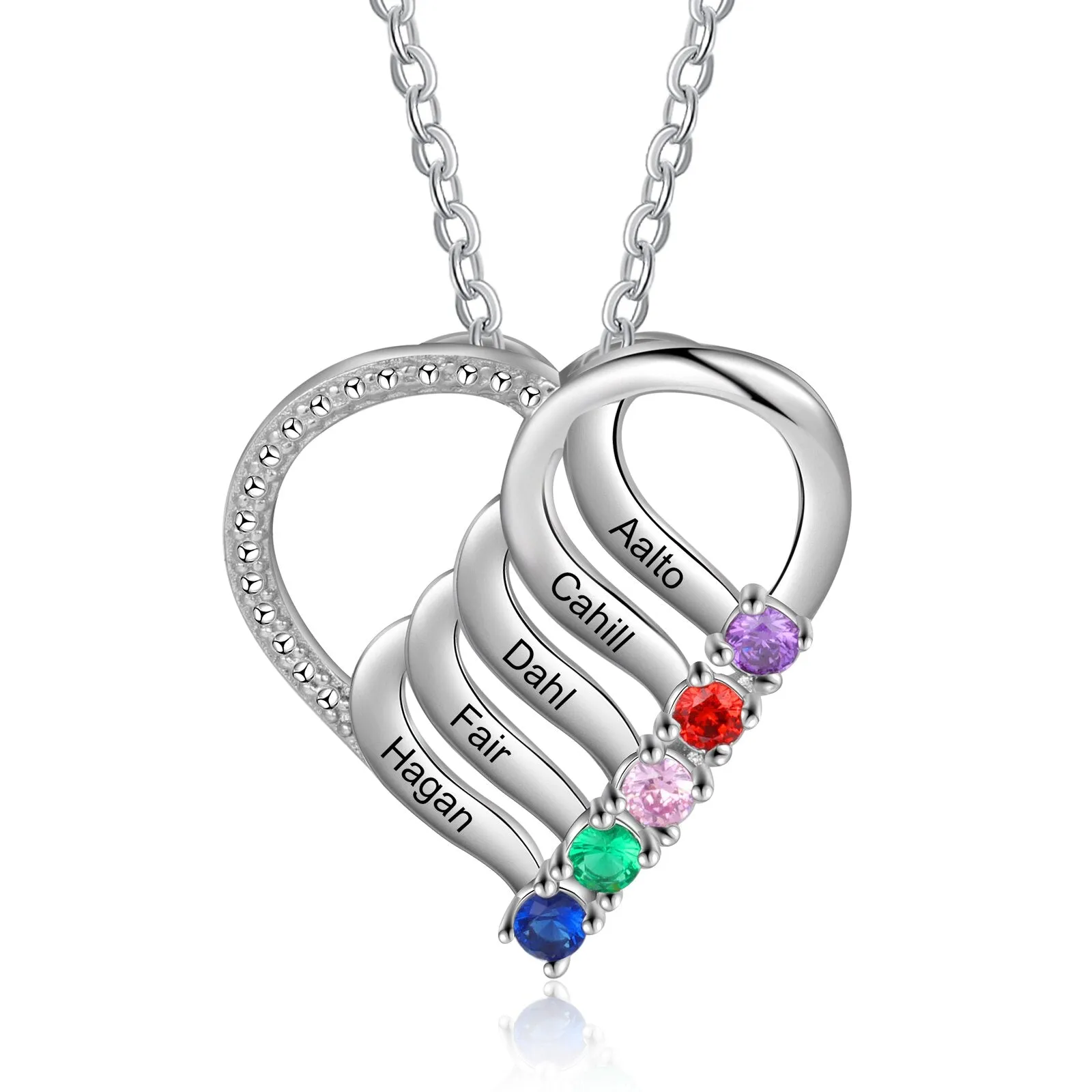 Personalized Family Heart Pendant Necklace with 2-6 Birthstones Name Necklace