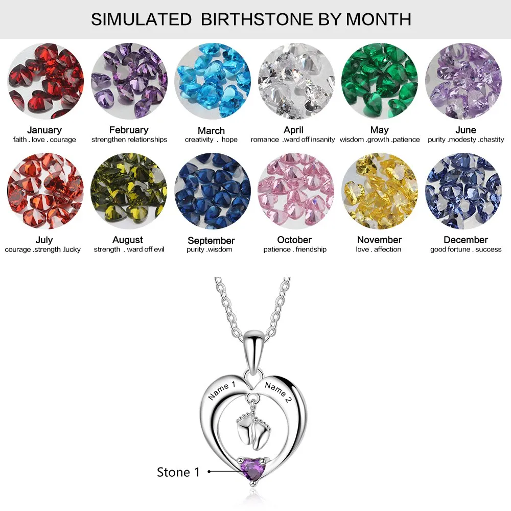 Personalized Name Heart Birthstone Baby Feet Necklace