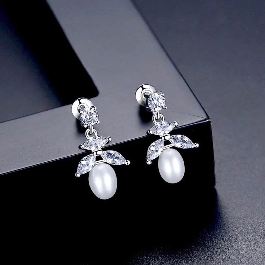 "Kim" - Pearl and Cubic Zirconia Bridal Earrings