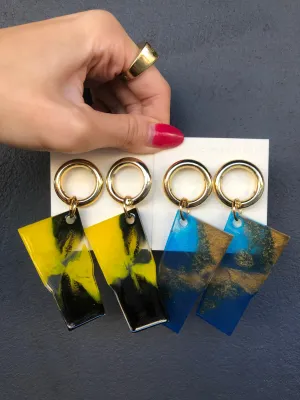 Rectangle Pattern Resin Yellow Black / Blue Gold Earrings