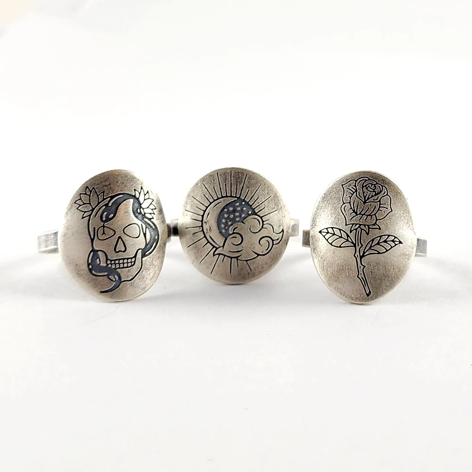 Recycled Coin Silver Mystic Tattoo Engraved Saddle Ring