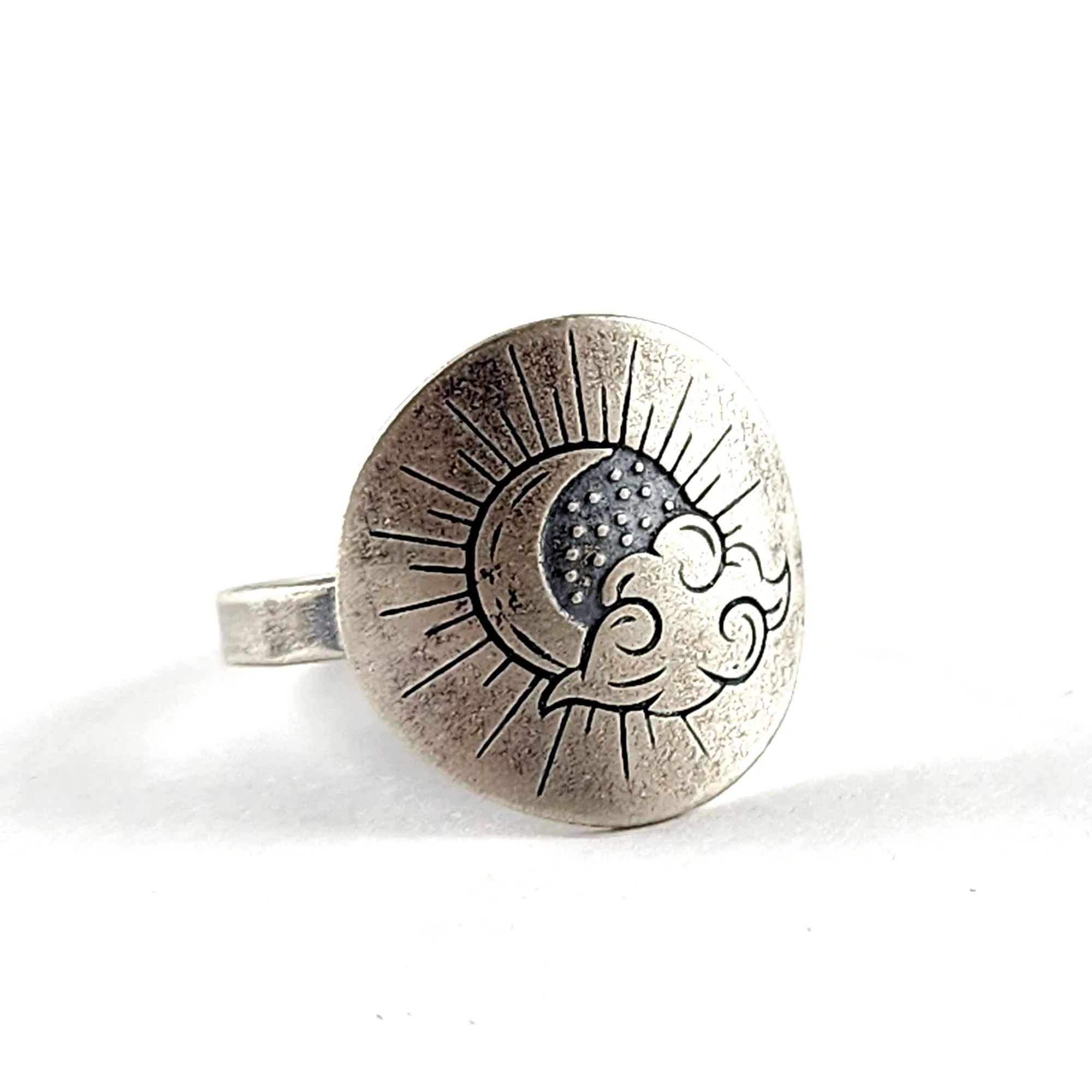 Recycled Coin Silver Mystic Tattoo Engraved Saddle Ring