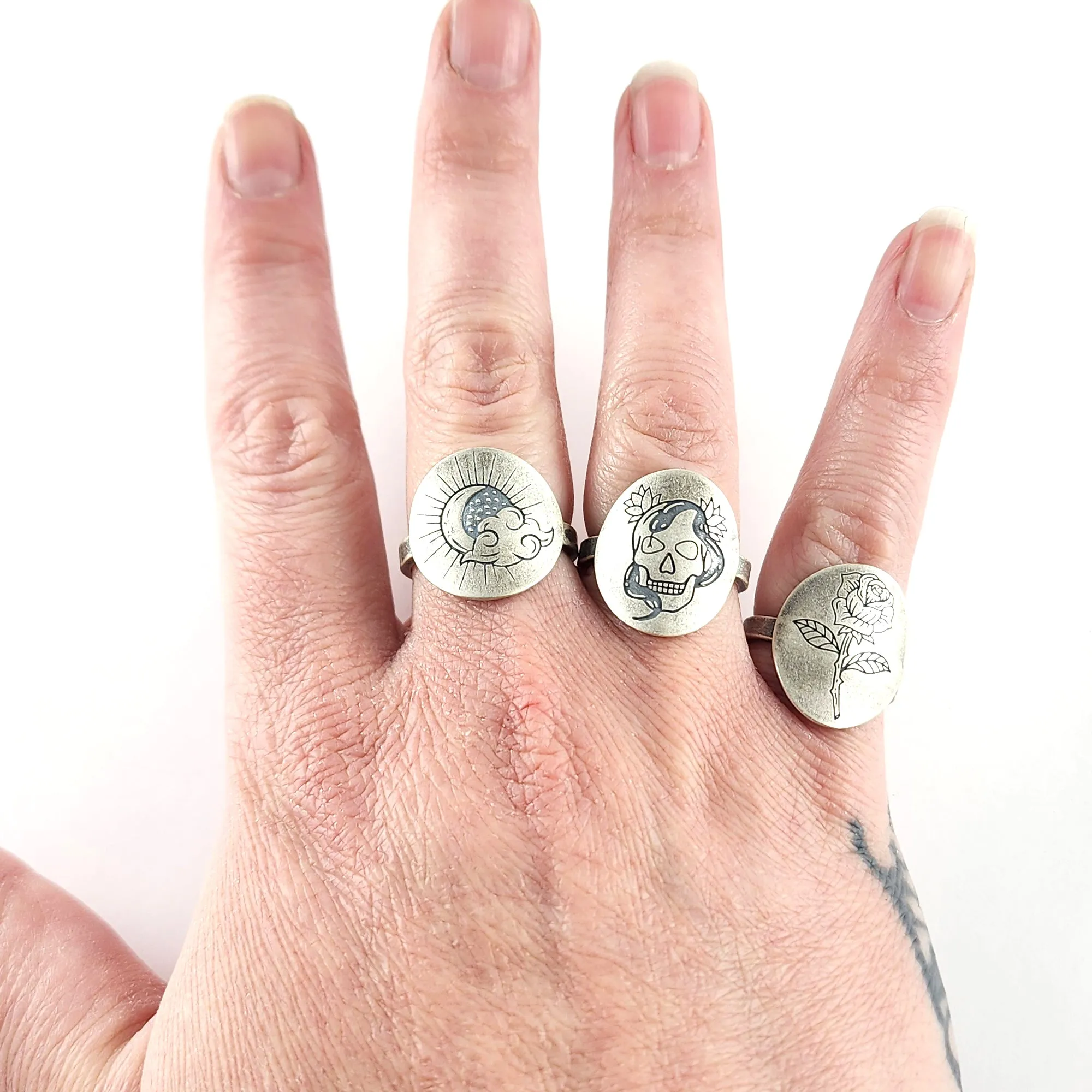 Recycled Coin Silver Mystic Tattoo Engraved Saddle Ring