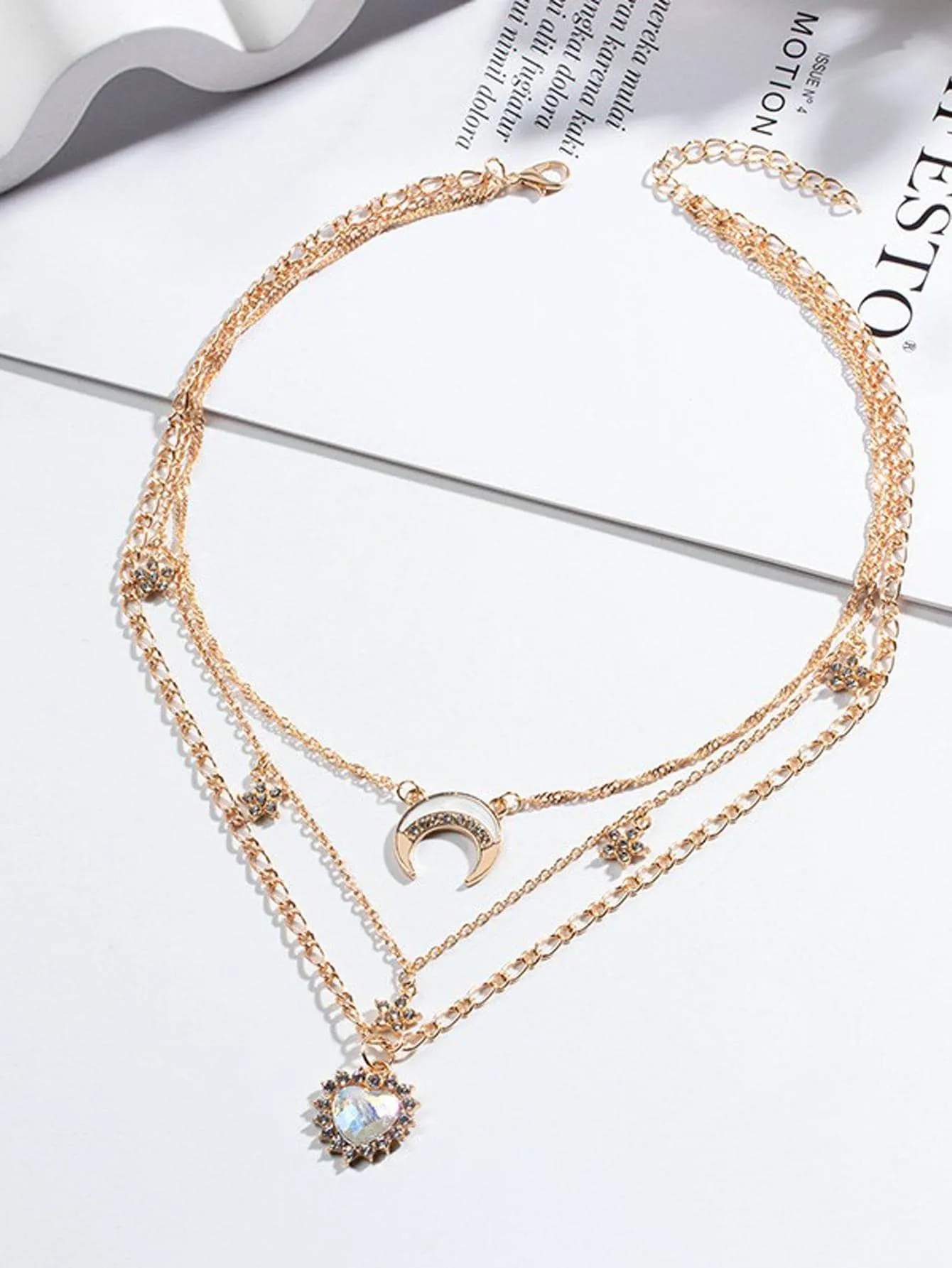 Rhinestone Star & Moon Charm Layered Necklace Creative Necklace for Women