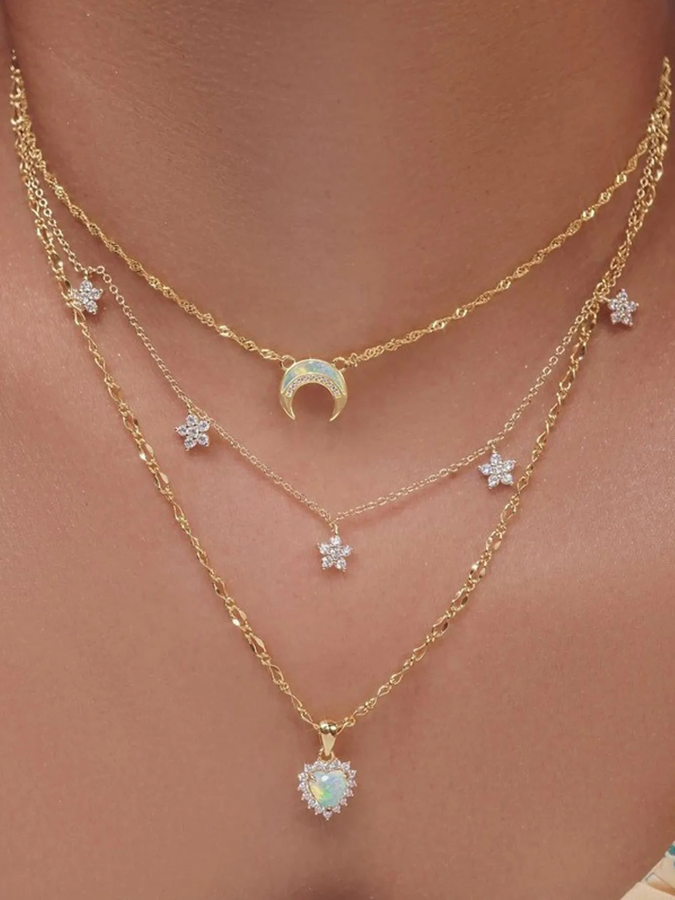 Rhinestone Star & Moon Charm Layered Necklace Creative Necklace for Women