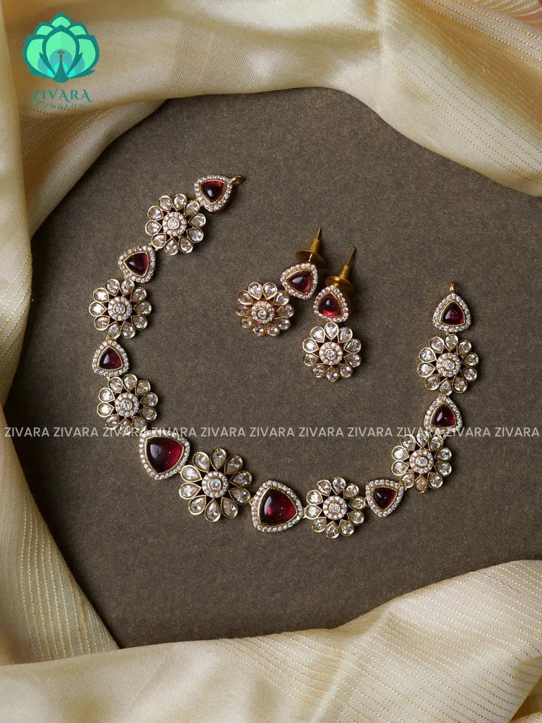 Ruby -Flower and triangle - stylish and minimal elegant neckwear with earrings- Zivara Fashion