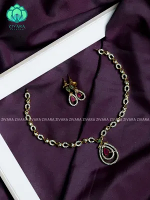 Ruby stone with tear pendant - stylish and minimal elegant neckwear with earrings- Zivara Fashion