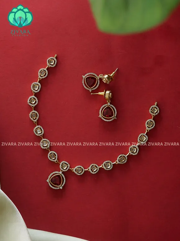 RUBY - TEAR MOTIF CHAIN WITH COLOUR PENDANT - stylish and minimal elegant neckwear with earrings- Zivara Fashion