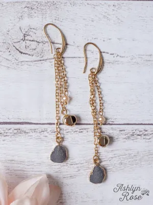 SIMPLISTIC HEART GREY DRUZY STONE DANGLE EARRINGS