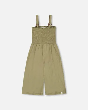 Smocked Crinkle Jersey Jumpsuit Olive Green