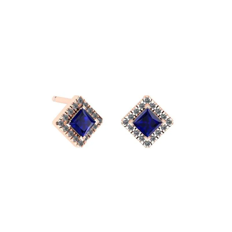 Square Blue Sapphire Stud Earrings with Diamond Halo