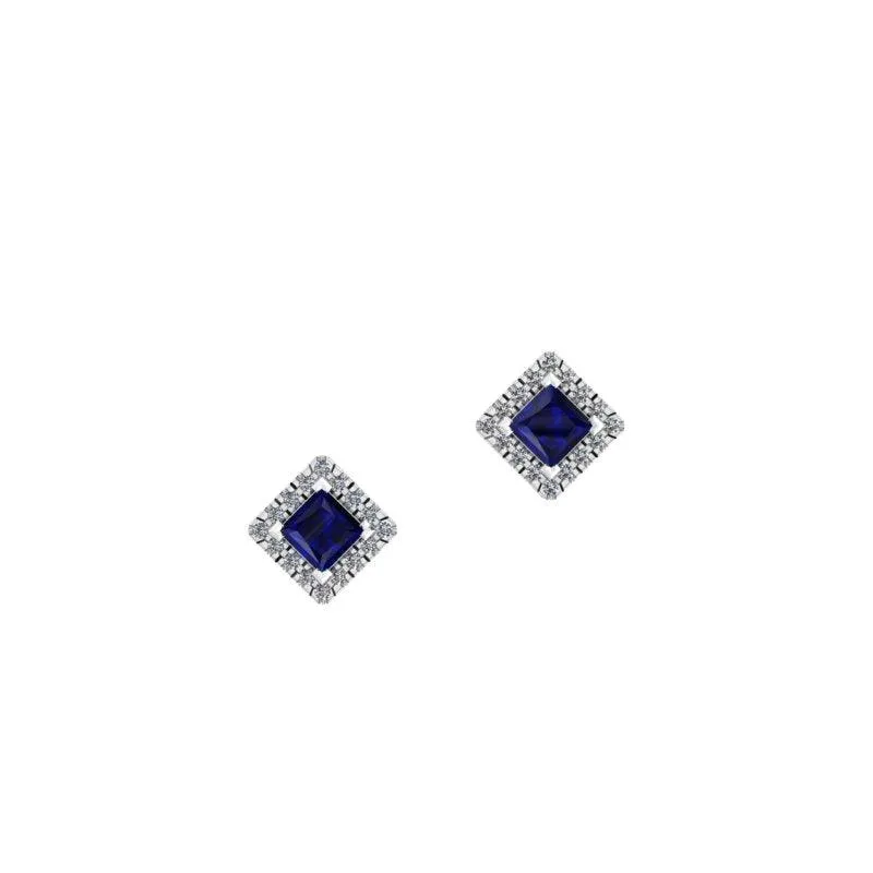 Square Blue Sapphire Stud Earrings with Diamond Halo