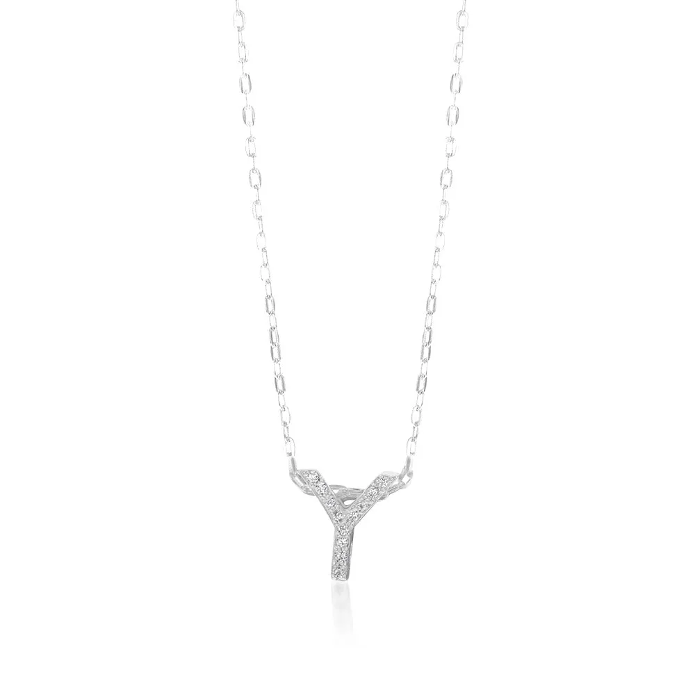 Sterling Silver Cubic Zirconia Inital "Y" Pendant On 39 3cm Chain