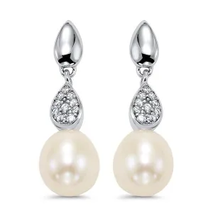 Sterling Silver Pearl and CZ Drop Earrings