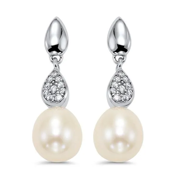 Sterling Silver Pearl and CZ Drop Earrings