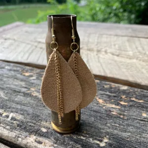 Tan & Solid Gold Metallic Leather Teardrop Earrings with Gold Chain Accent