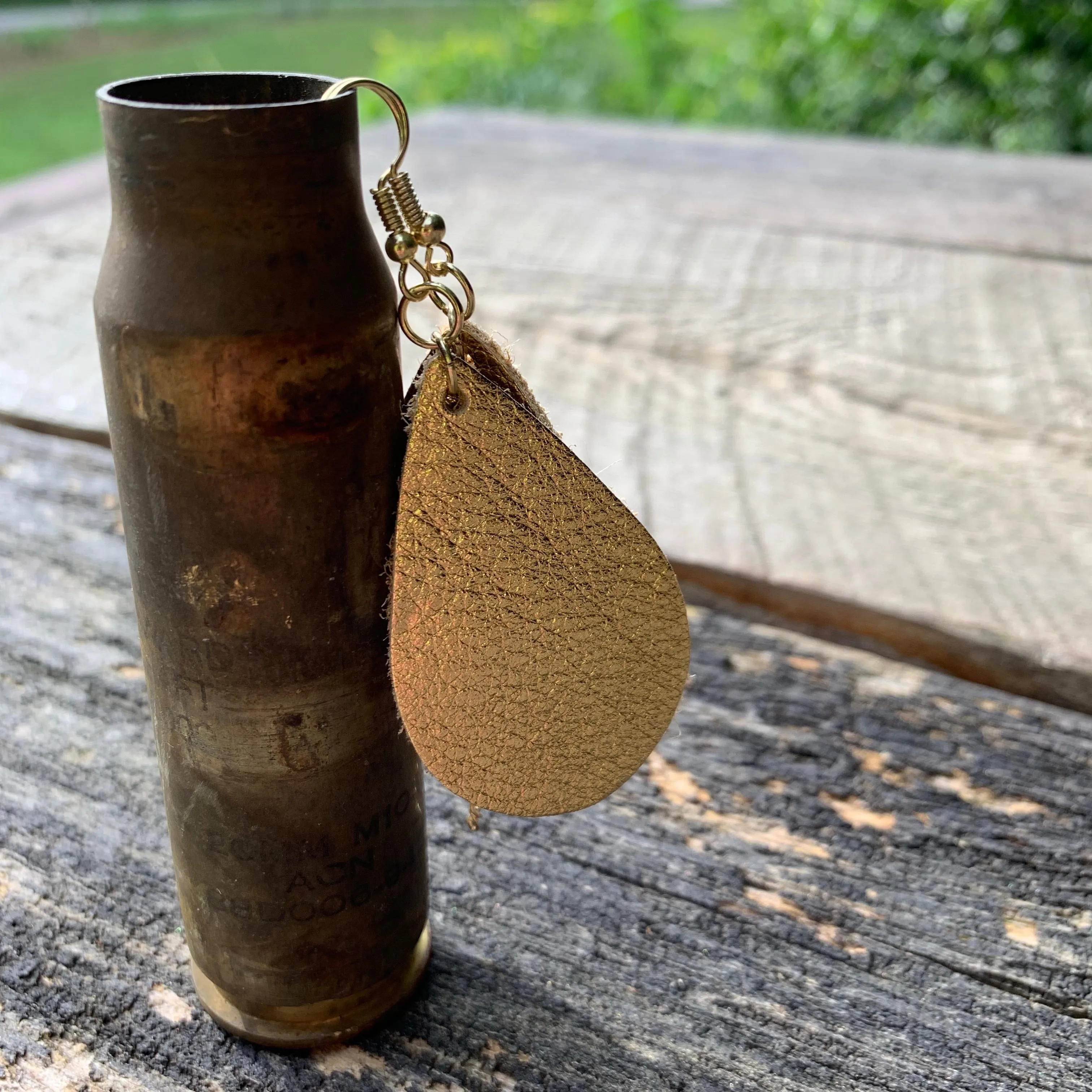 Tan & Solid Gold Metallic Leather Teardrop Earrings with Gold Chain Accent