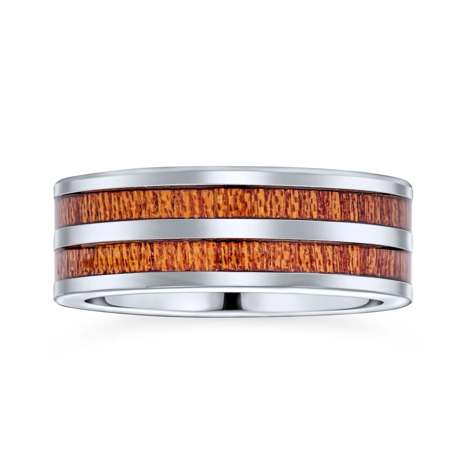 Tungsten Wedding Band Ring with Double Row Koa Wood Inlay and Silver Tone Comfort Fit