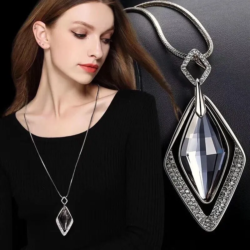 Wenkouban Long Black Crystal Necklaces & Pendants Fashion Gold Silver Color Chain Rhinestone Geometric  Necklace Jewelry For Women 2022