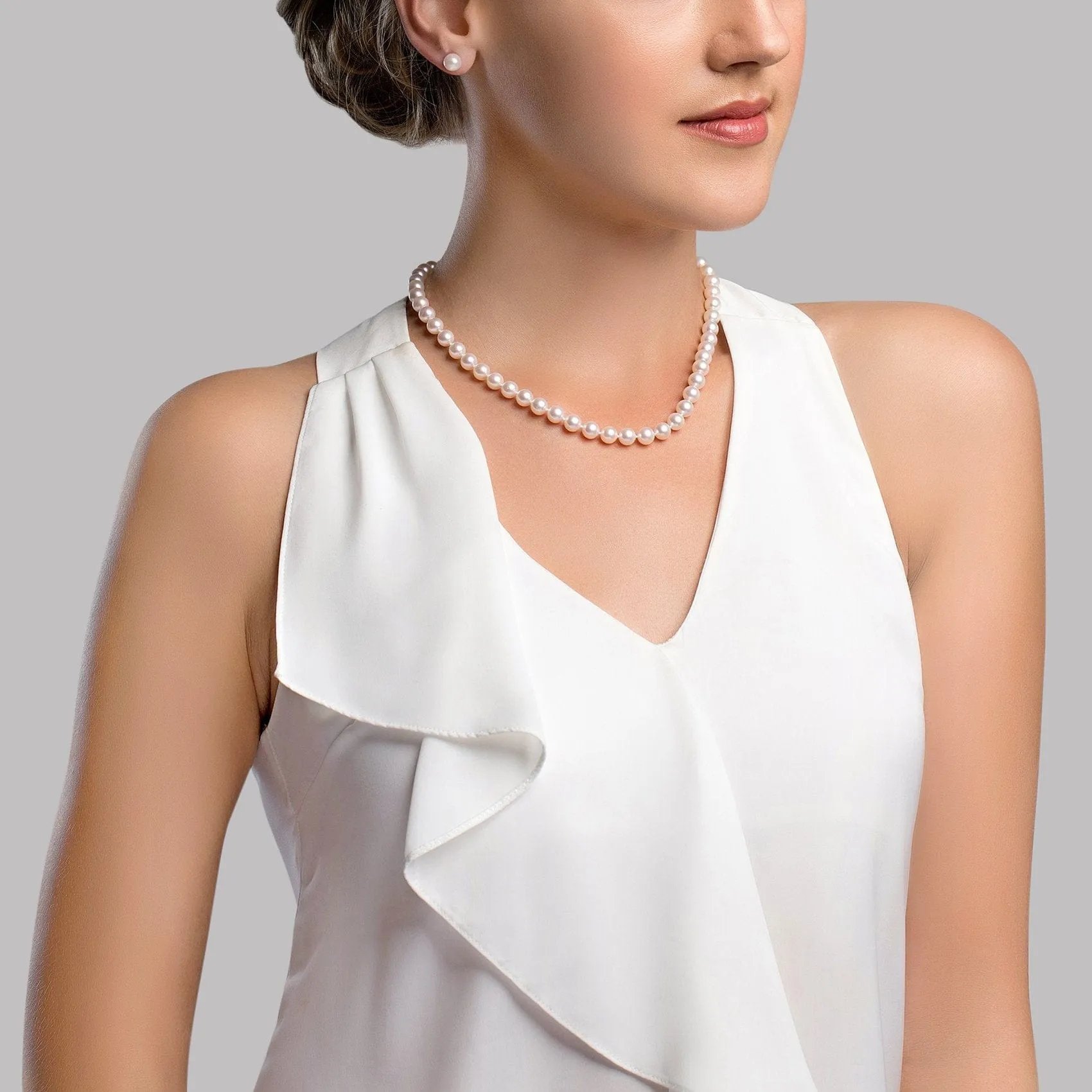 White Japanese Akoya Choker Length Pearl Necklace, 7.0-7.5mm - AAA Quality